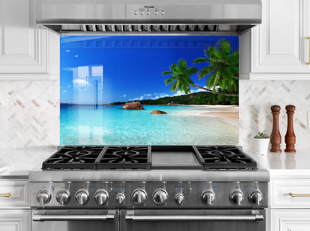 Tropical Paradise Beach View Wall Art – Glass Kitchen Backsplash-BacksplashArtworks