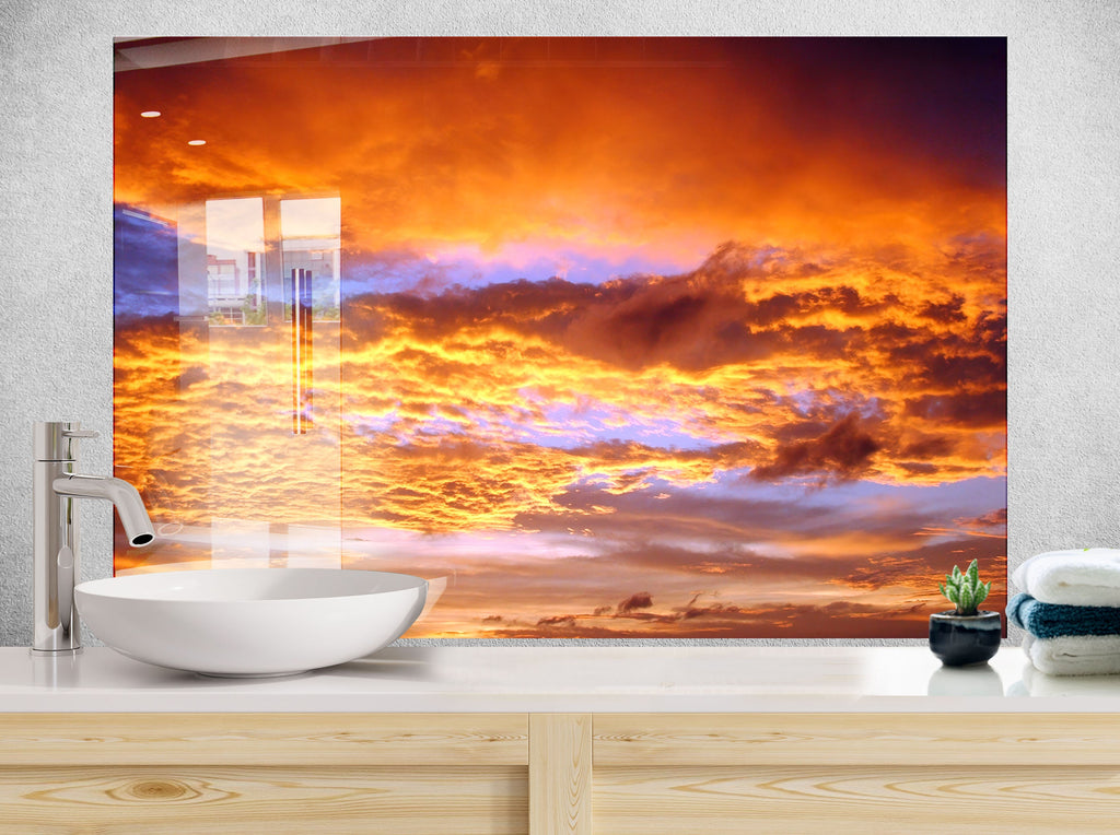 Fiery Sunset Clouds - Glass Kitchen Backsplash-BacksplashArtworks