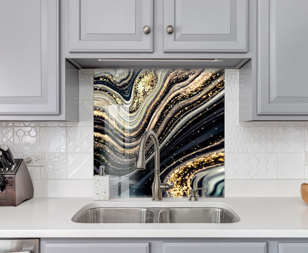 Golden Waves - Glass Kitchen Backsplash-BacksplashArtworks
