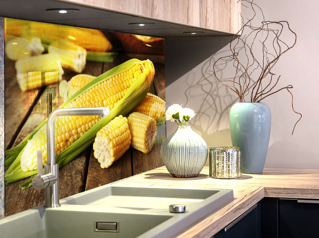 Fresh Corn on the Cob Glass Kitchen Backsplash – Harvest Time Design-BacksplashArtworks