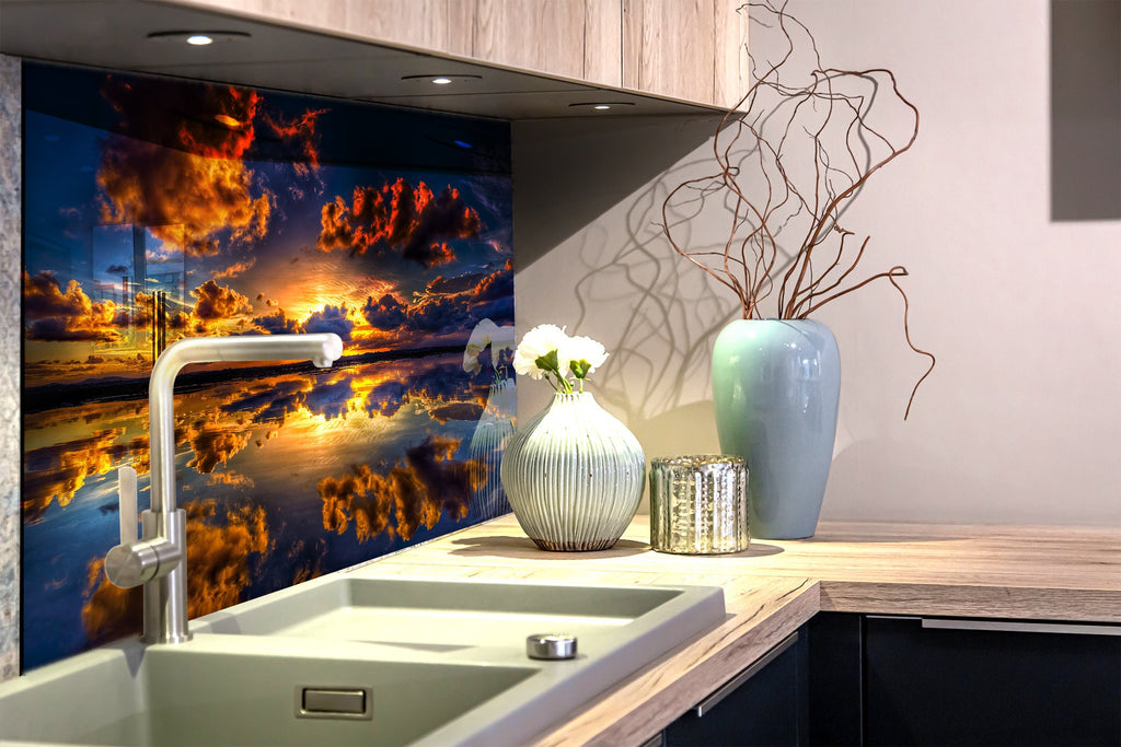Golden Sunset Reflection – Tempered Glass Kitchen Backsplash-BacksplashArtworks