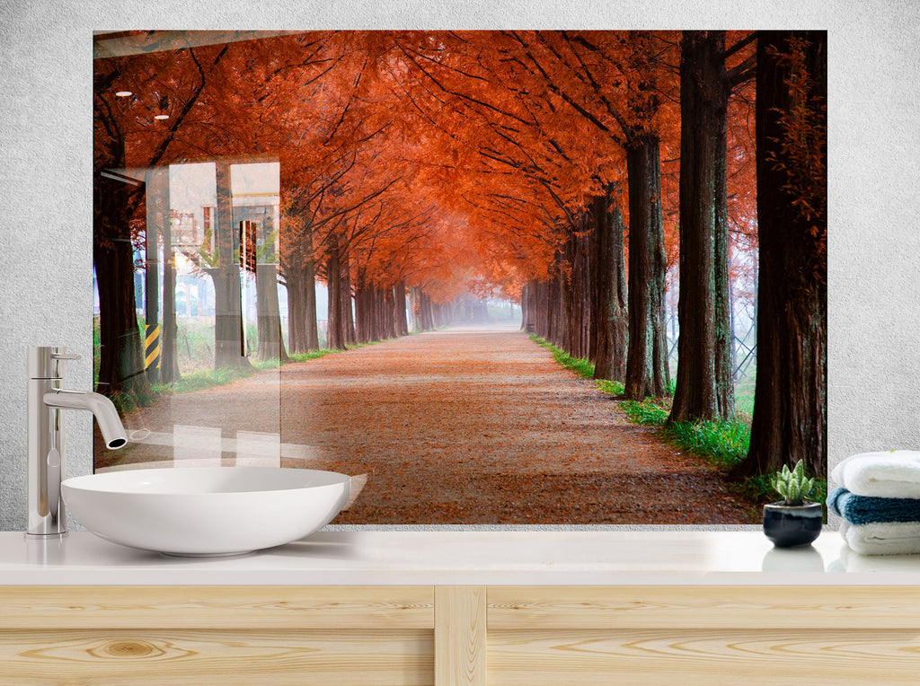 Autumn Forest Path - Glass Kitchen Backsplash-BacksplashArtworks