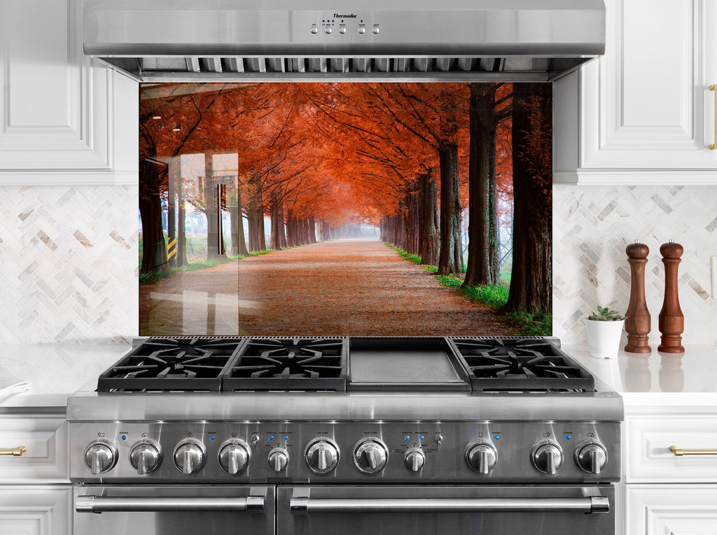 Autumn Forest Path - Glass Kitchen Backsplash-BacksplashArtworks
