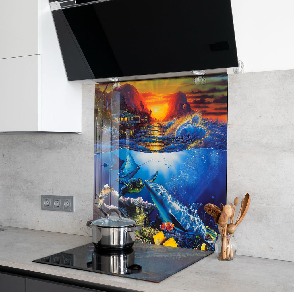 Vibrant Ocean Sunset Glass Kitchen Backsplash – Dolphins in the Sea Design-BacksplashArtworks