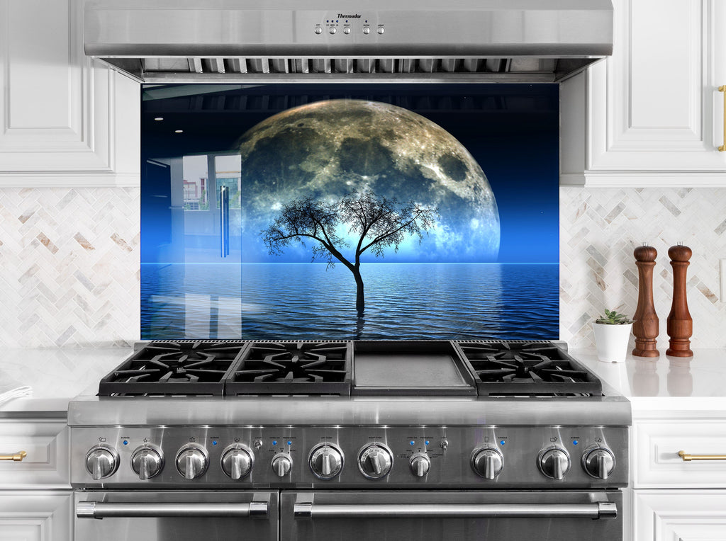 Mystical Moonlit Ocean - Glass Kitchen Backsplash-BacksplashArtworks