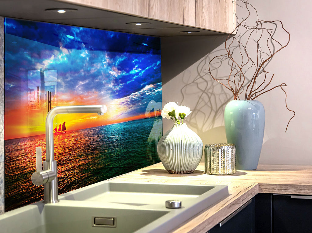 Sailing Sunset Ocean – Glass Kitchen Backsplash-BacksplashArtworks