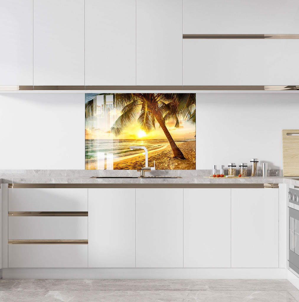 Tropical Sunset Palm Beach Wall Art – Glass Backsplash-BacksplashArtworks