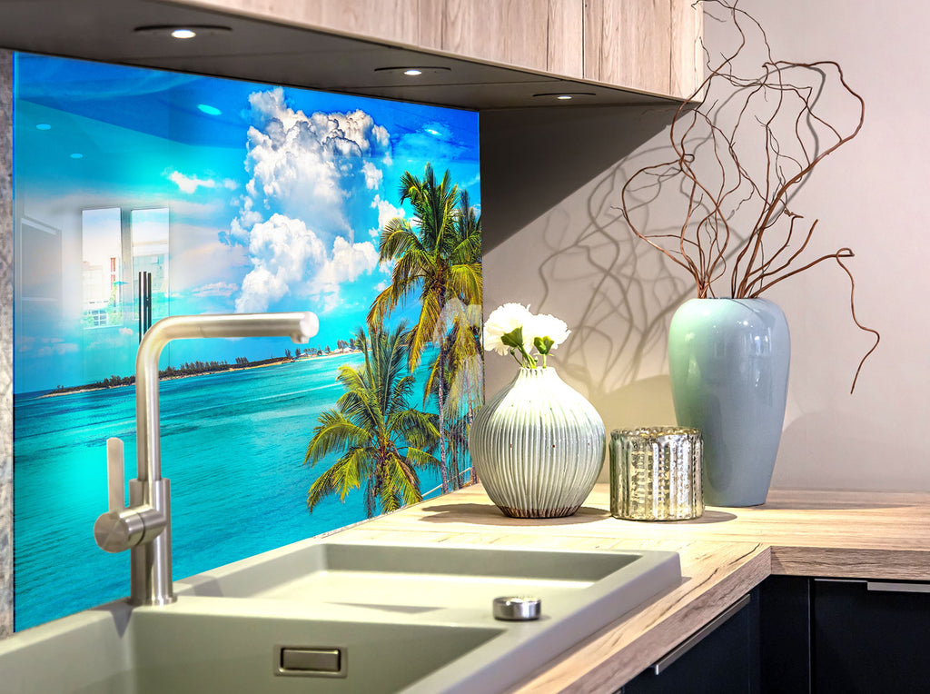 Tropical Palm Trees Ocean View Wall Art – Glass Backsplash-BacksplashArtworks