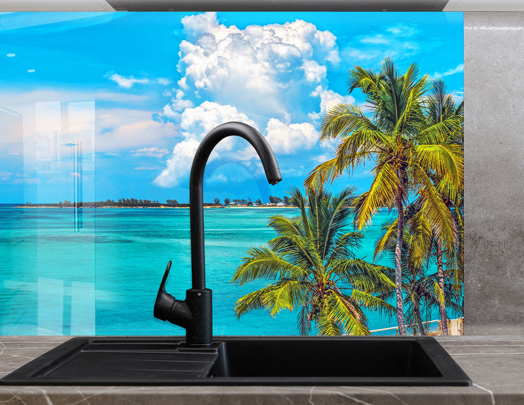 Tropical Palm Trees Ocean View Wall Art – Glass Backsplash-BacksplashArtworks