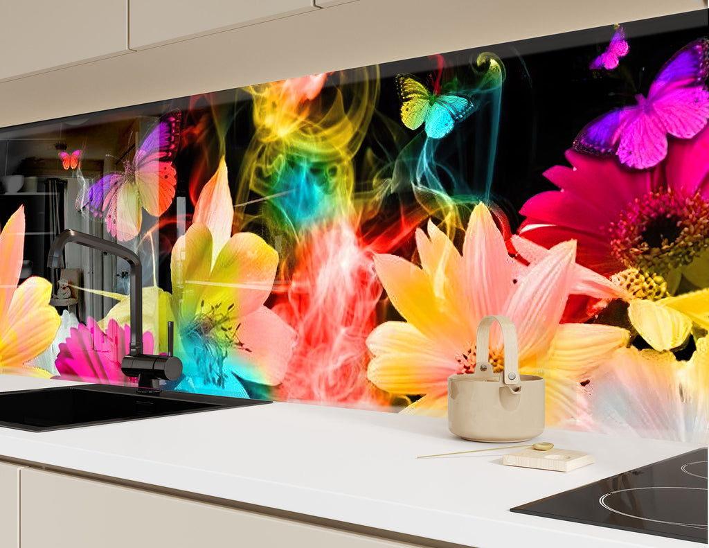 Colorful Flowers Tempered Glass Backsplash-BacksplashArtworks