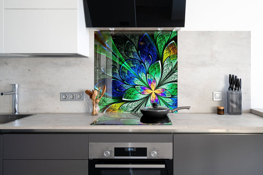 Vibrant Floral Green - Glass Kitchen Backsplash-BacksplashArtworks