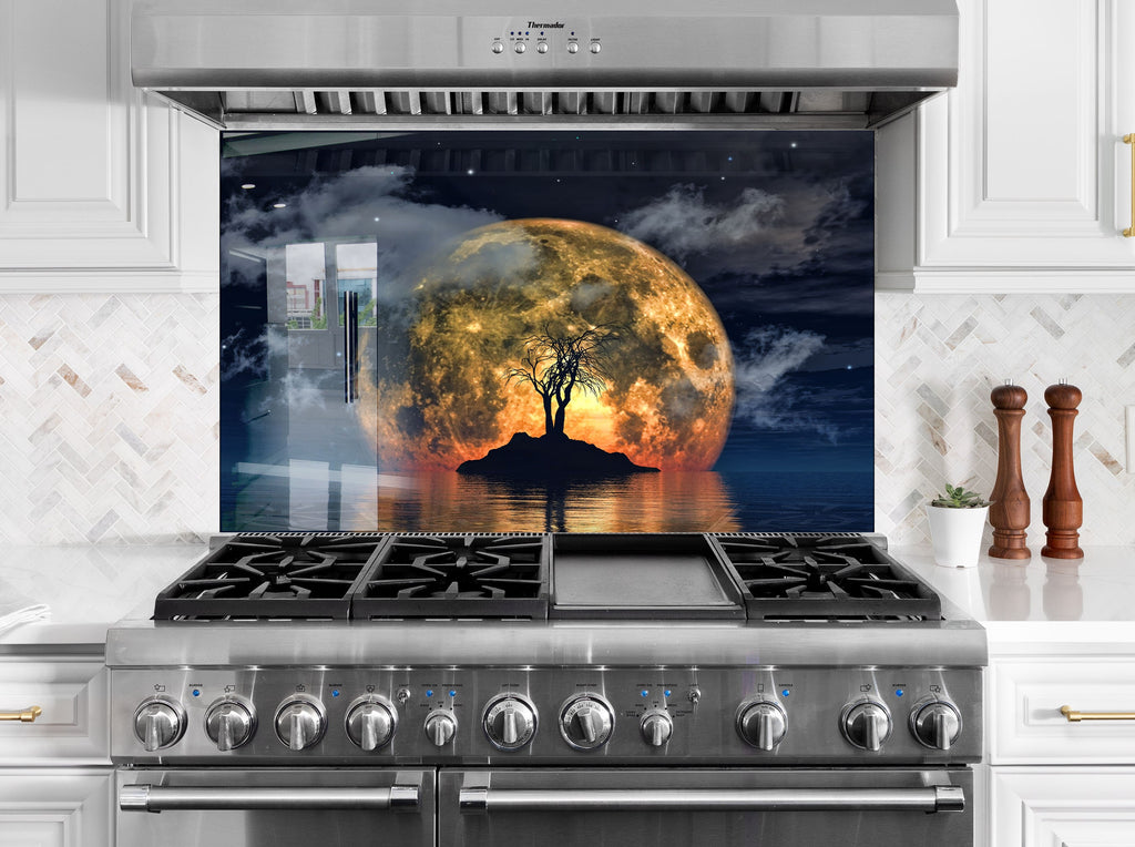 Mystical Full Moon Reflection - Glass Kitchen Backsplash-BacksplashArtworks