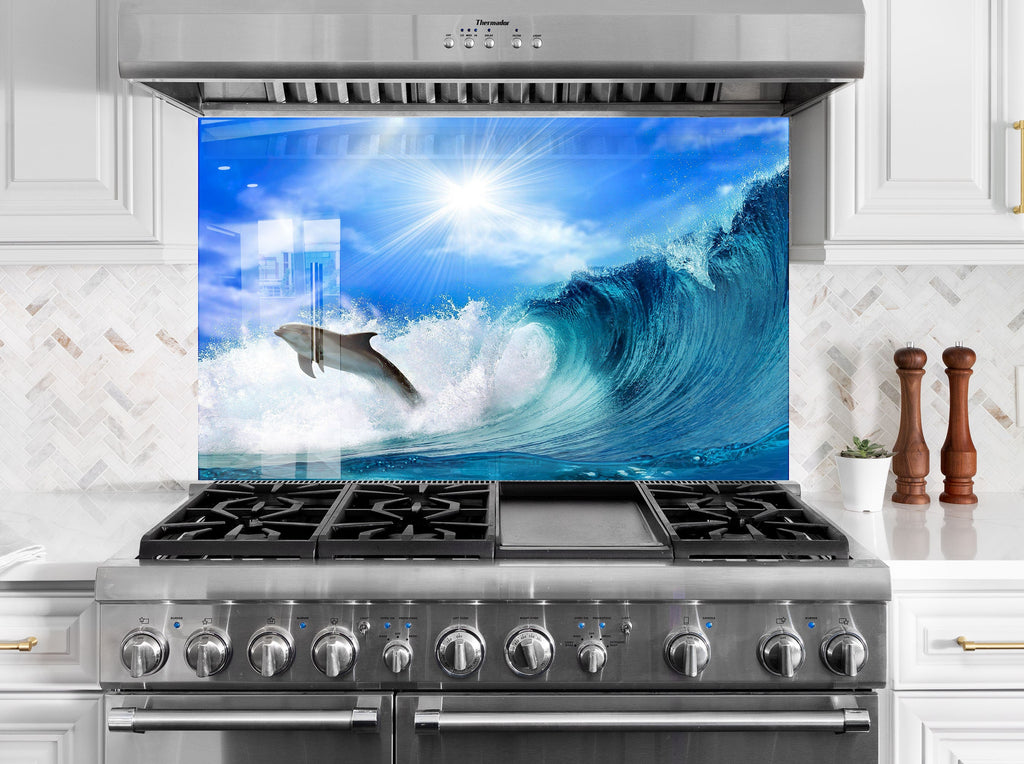 Vibrant Ocean Life Glass Kitchen Backsplash – Dolphin in Ocean Wave-BacksplashArtworks