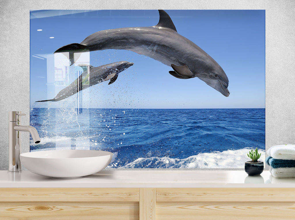Vibrant Ocean Life Glass Kitchen Backsplash – Dolphins in the Sea Design-BacksplashArtworks
