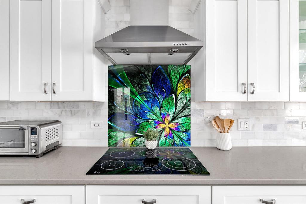 Vibrant Floral Green - Glass Kitchen Backsplash-BacksplashArtworks