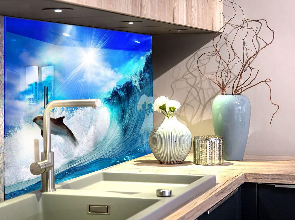 Vibrant Ocean Life Glass Kitchen Backsplash – Dolphin in Ocean Wave-BacksplashArtworks