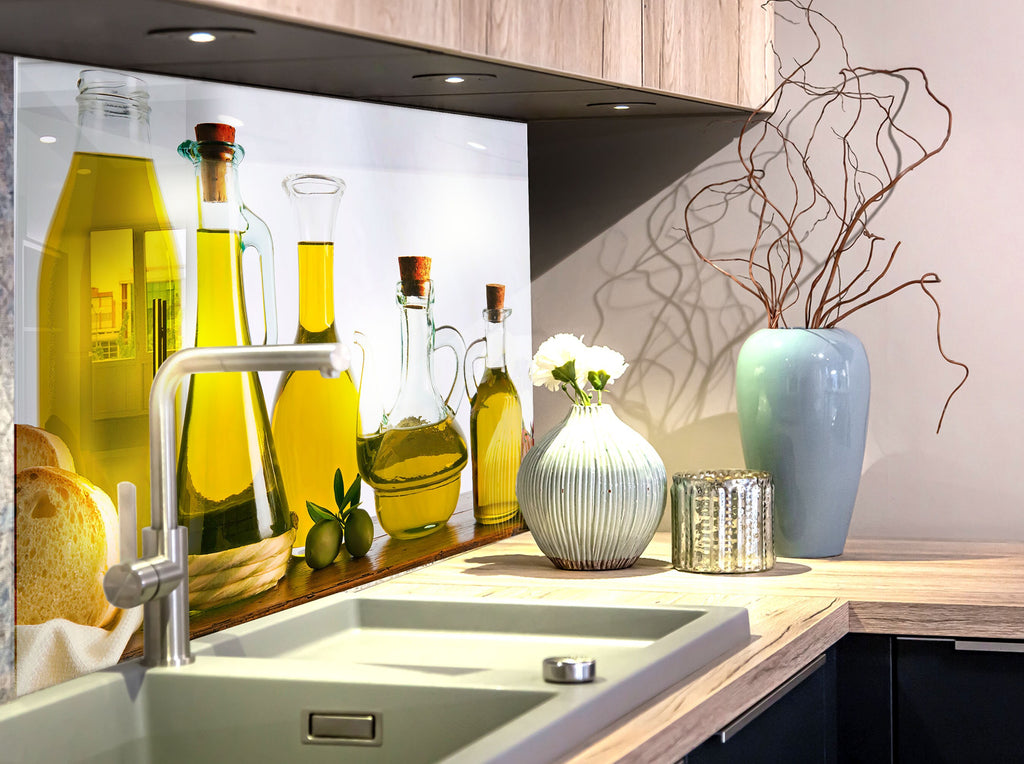 Olive Oil Glass Kitchen Backsplash – Rustic Olive Bottles with Bread Design-BacksplashArtworks