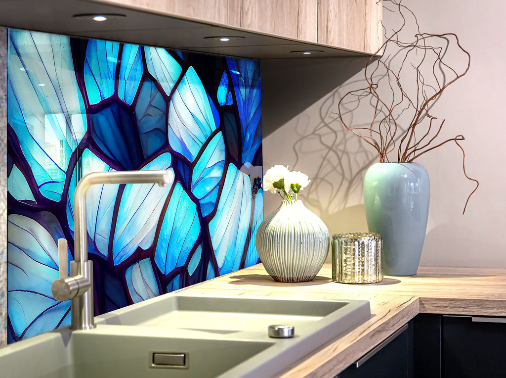 Elegant Blue Stained - Glass Kitchen Backsplash-BacksplashArtworks