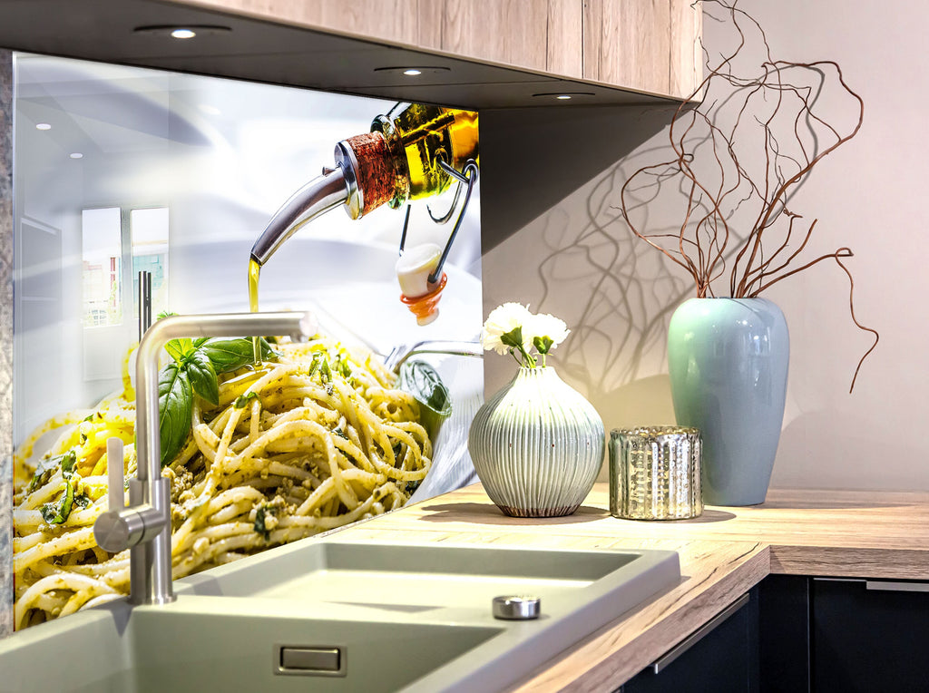 Olive Oil Glass Kitchen Backsplash – Italian Cuisine with Olive Oil Pouring-BacksplashArtworks