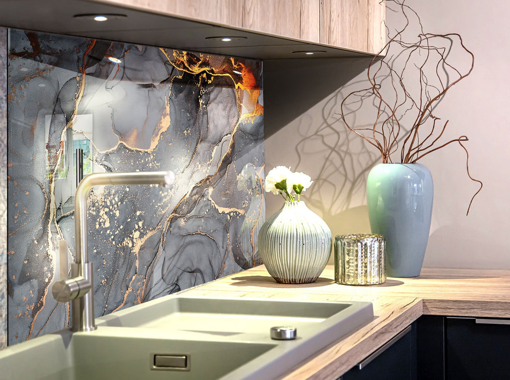 Charcoal Gold Marble - Glass Kitchen Backsplash-BacksplashArtworks