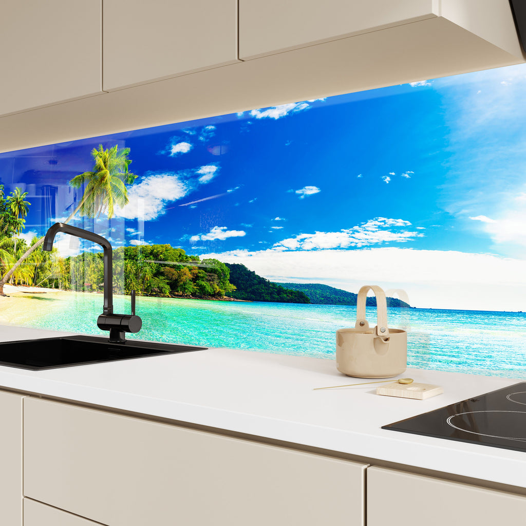 Tropical Paradise Beach Wall Art – Tempered Glass Bathroom Backsplash-BacksplashArtworks