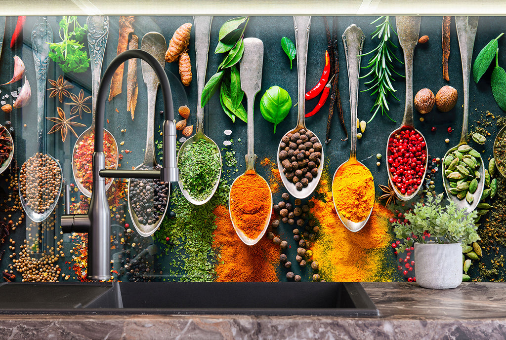 Herbal Spice Symphony - Glass Kitchen Backsplash-BacksplashArtworks