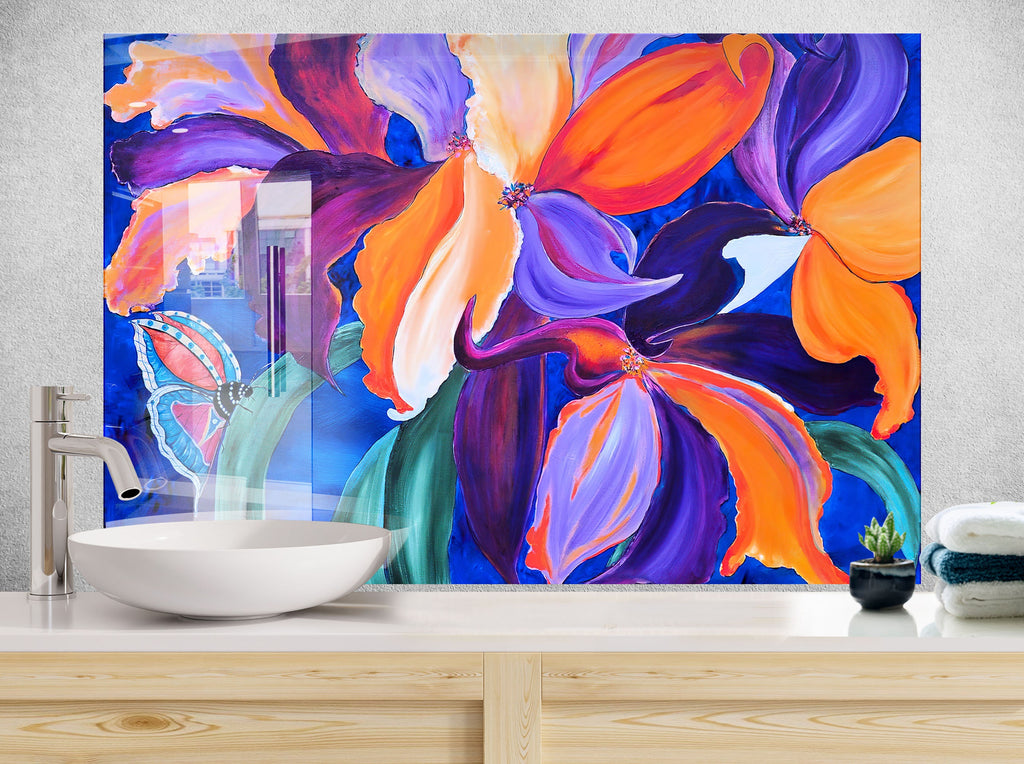 Botanical Floral Tempered Glass Backsplash-BacksplashArtworks