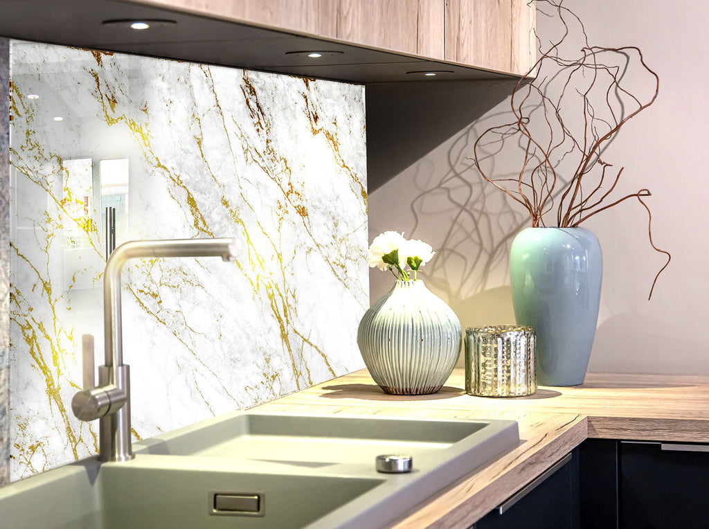 White Gold Veined Marble - Glass Kitchen Backsplash-BacksplashArtworks