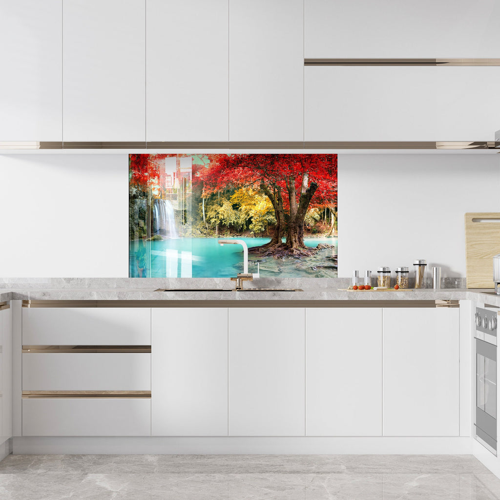 Autumn Waterfall Serenity - Glass Kitchen Backsplash-BacksplashArtworks