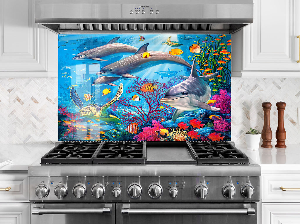 Vibrant Ocean Life Glass Kitchen Backsplash – Dolphins & Coral Reef Design-BacksplashArtworks
