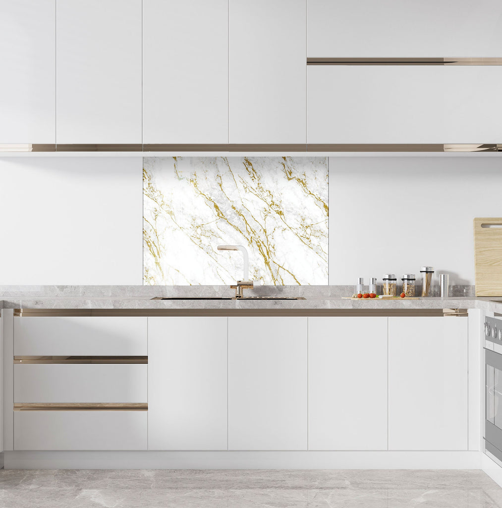 White Gold Veined Marble - Glass Kitchen Backsplash-BacksplashArtworks