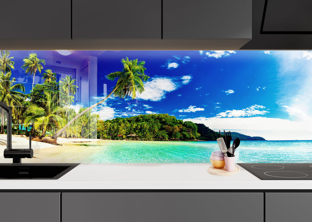 Tropical Paradise Beach Wall Art – Tempered Glass Bathroom Backsplash-BacksplashArtworks