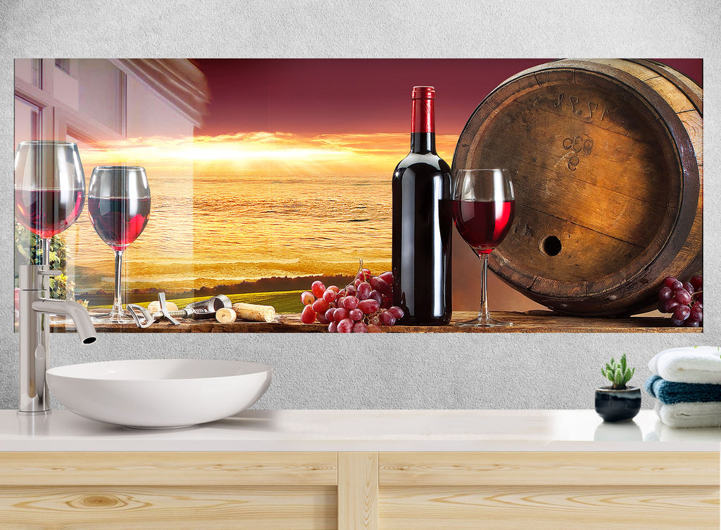 Rustic Wine & Sunset Glass Backsplash – Vineyard Barrel & Red Wine-BacksplashArtworks