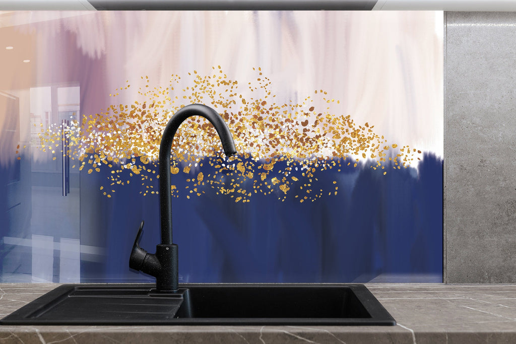 Gold & Blue Abstract - Glass Kitchen Backsplash-BacksplashArtworks