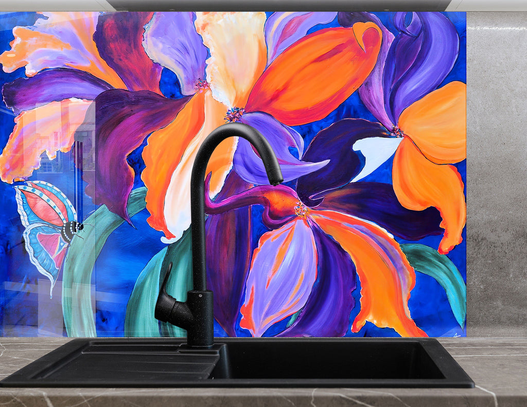 Botanical Floral Tempered Glass Backsplash-BacksplashArtworks