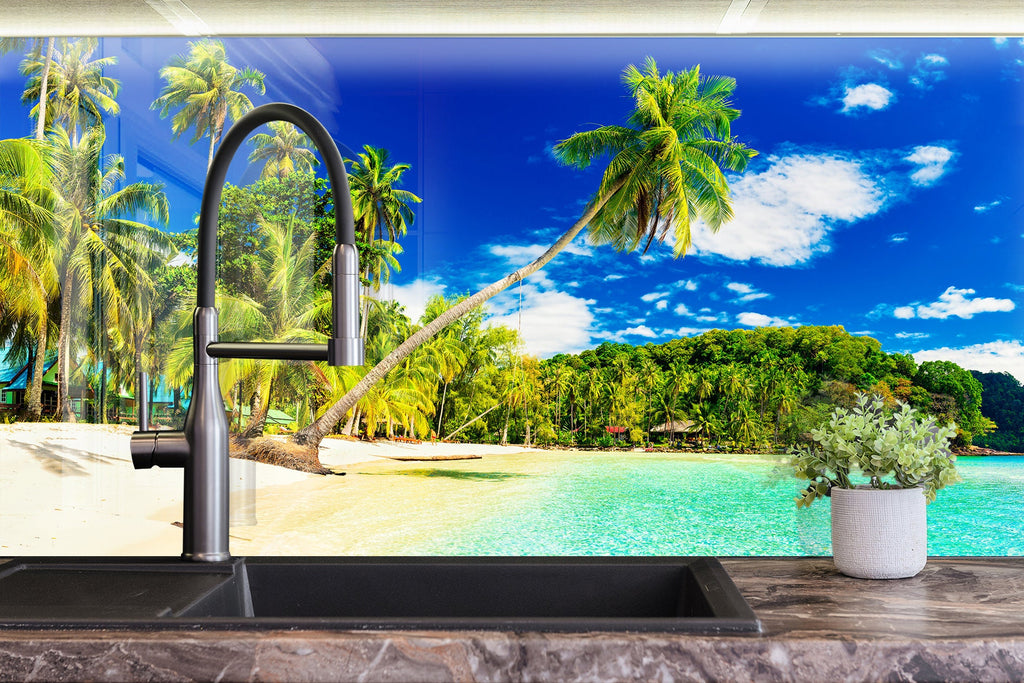 Tropical Paradise Beach Wall Art – Tempered Glass Bathroom Backsplash-BacksplashArtworks
