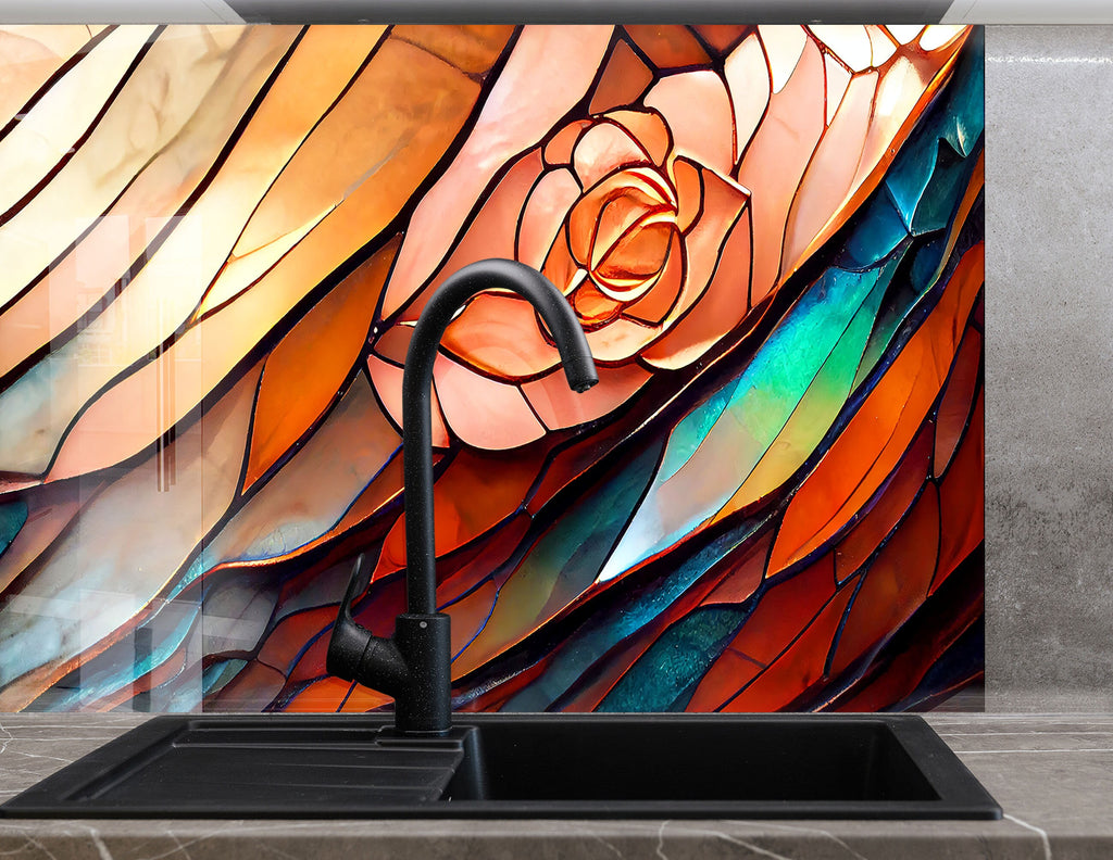 Elegant Rose Stained - Glass Kitchen Backsplash-BacksplashArtworks