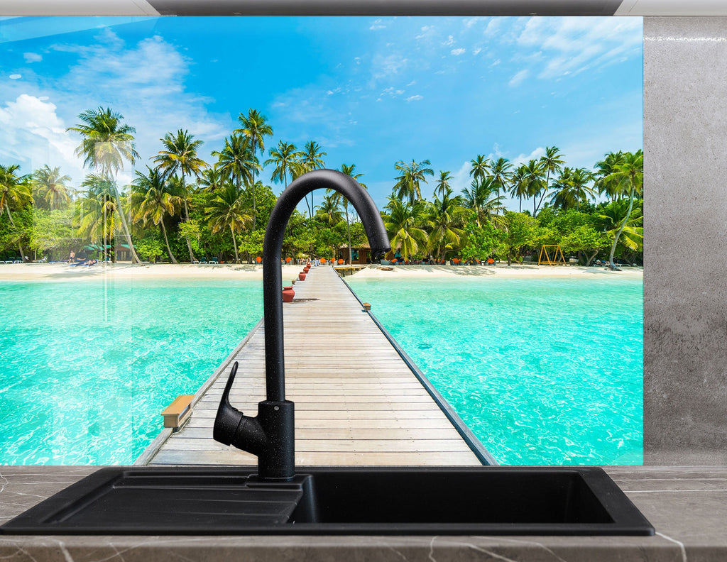 Tropical Paradise Pier Landscape Wall Art – Glass Backsplash-BacksplashArtworks
