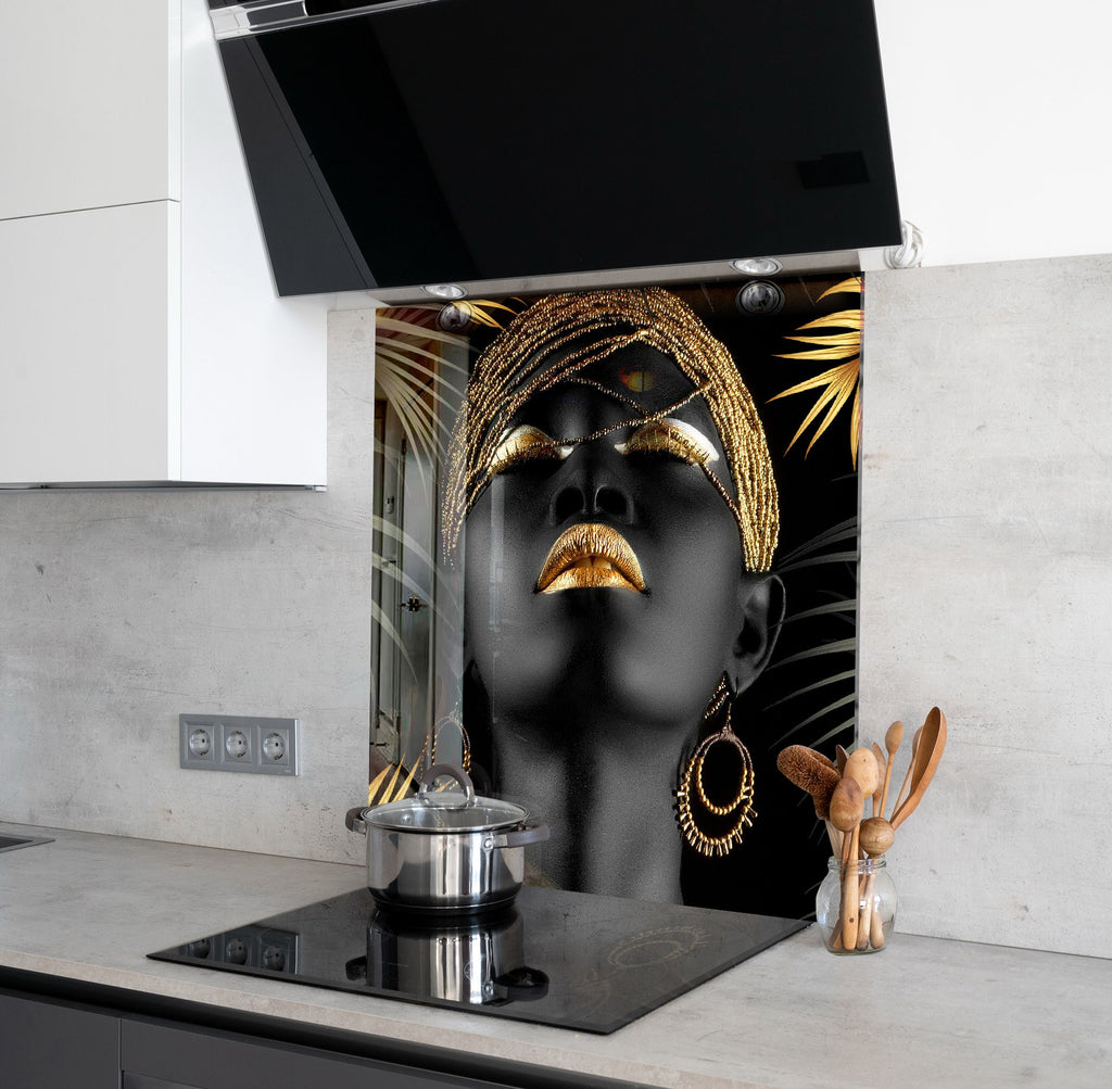 Luxury Black & Gold African Queen - Glass Kitchen Backsplash-BacksplashArtworks