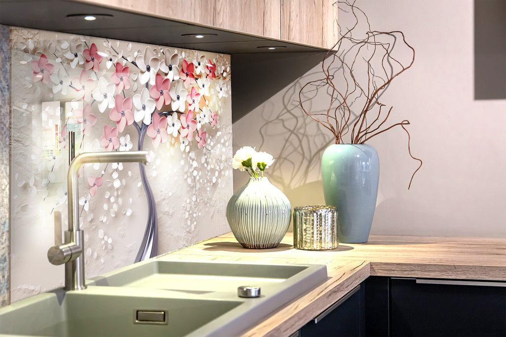 Pink Sakura Tree Tempered Glass Backsplash-BacksplashArtworks