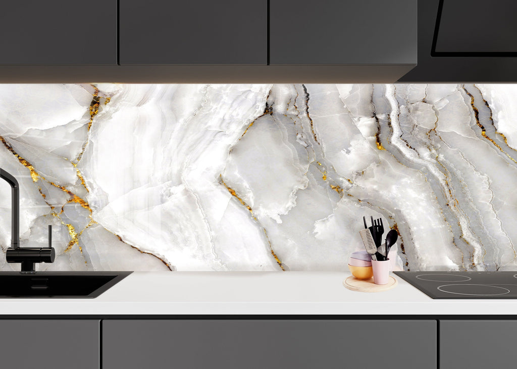Elegant White Marble with Gold Veins - Glass Kitchen Backsplash-BacksplashArtworks