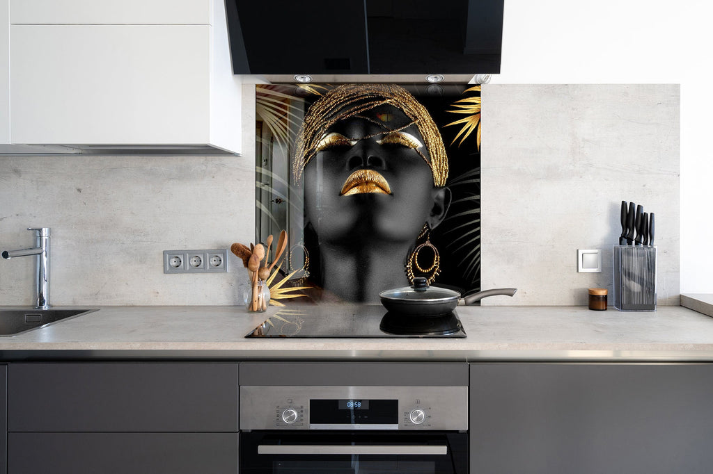 Luxury Black & Gold African Queen - Glass Kitchen Backsplash-BacksplashArtworks