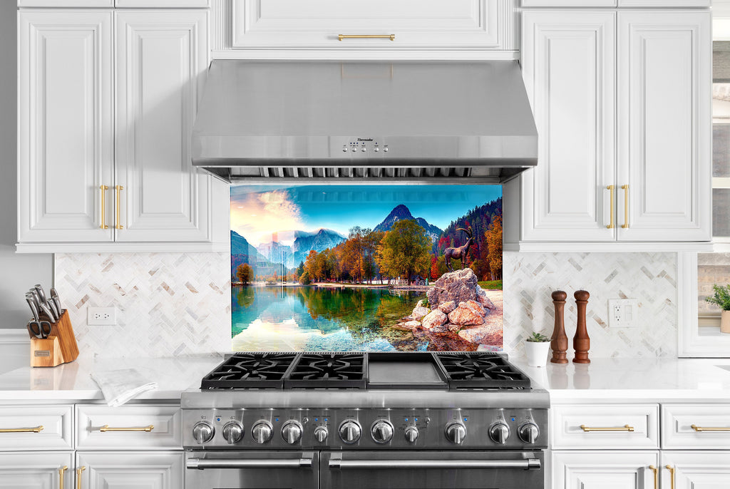 Alpine Lake Reflection - Glass Kitchen Backsplash-BacksplashArtworks