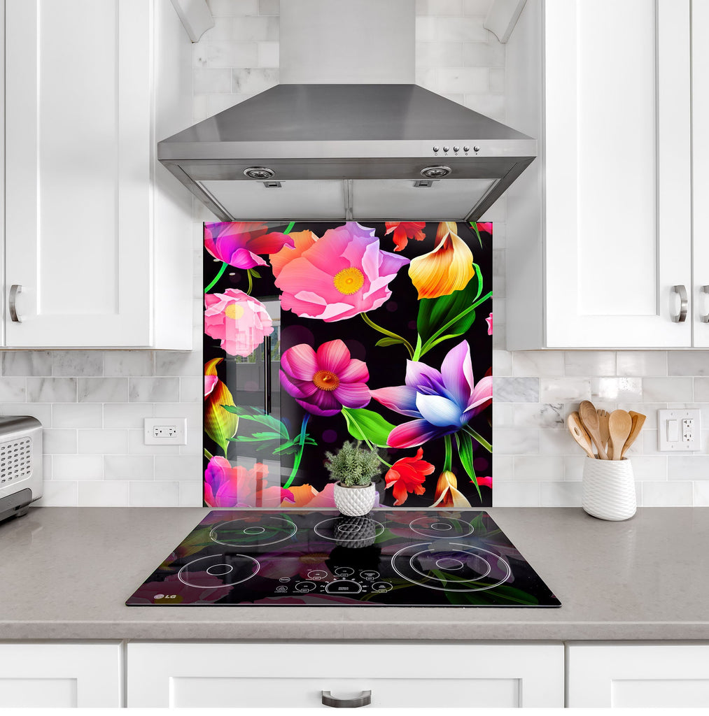 Botanical Floral Tempered Glass Backsplash-BacksplashArtworks