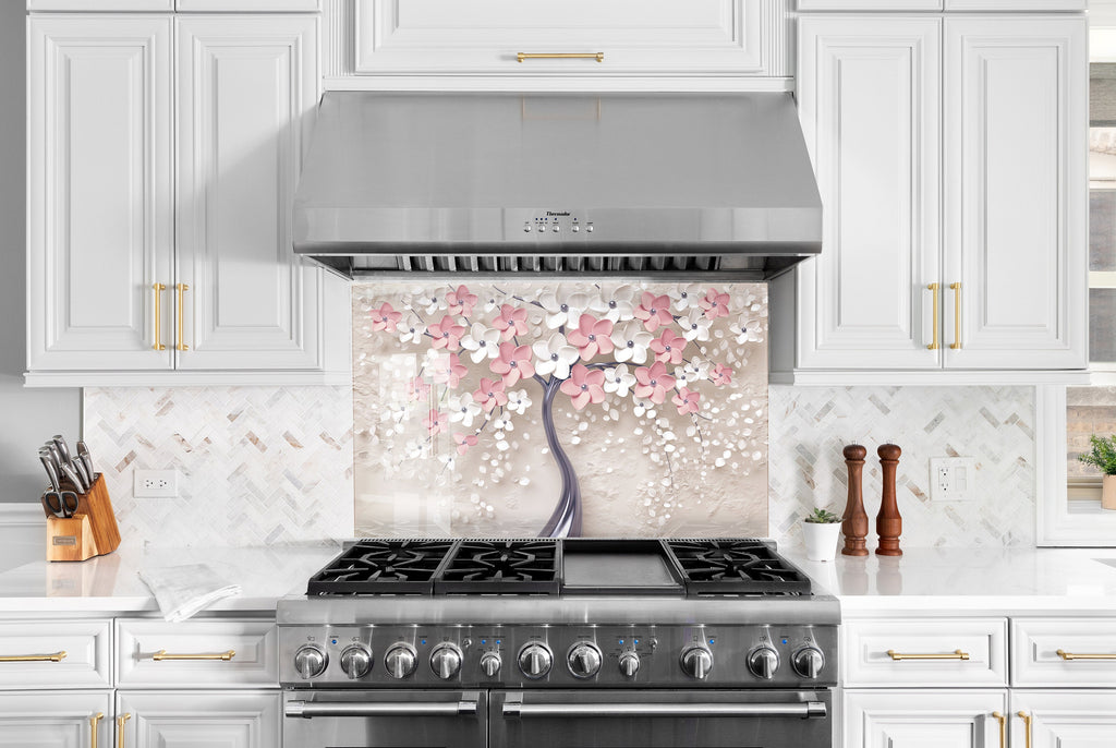 Pink Sakura Tree Tempered Glass Backsplash-BacksplashArtworks