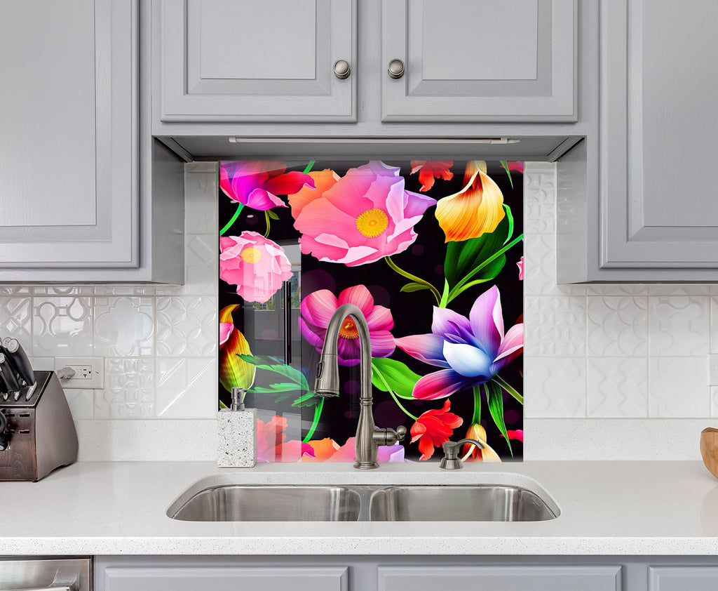 Botanical Floral Tempered Glass Backsplash-BacksplashArtworks