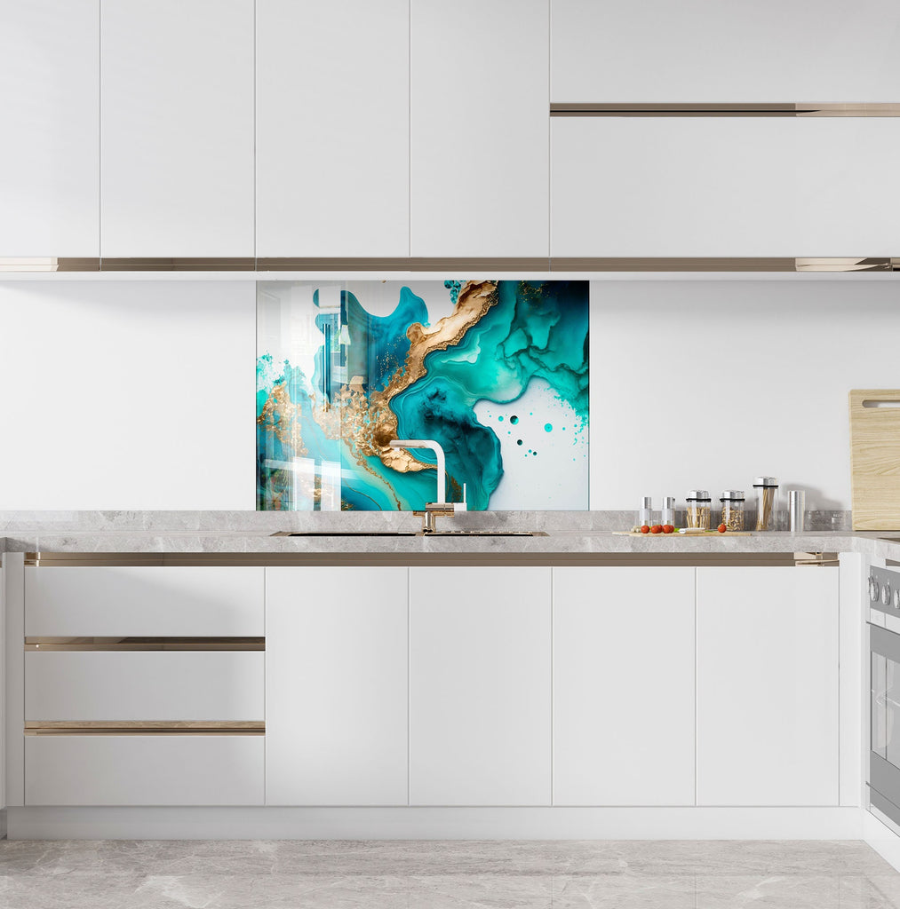 Turquoise & Gold Fluid Art - Glass Kitchen Backsplash-BacksplashArtworks