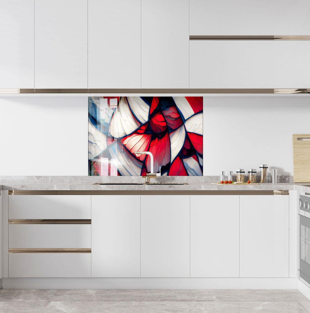 Elegant Red & White Stained - Glass Kitchen Backsplash-BacksplashArtworks