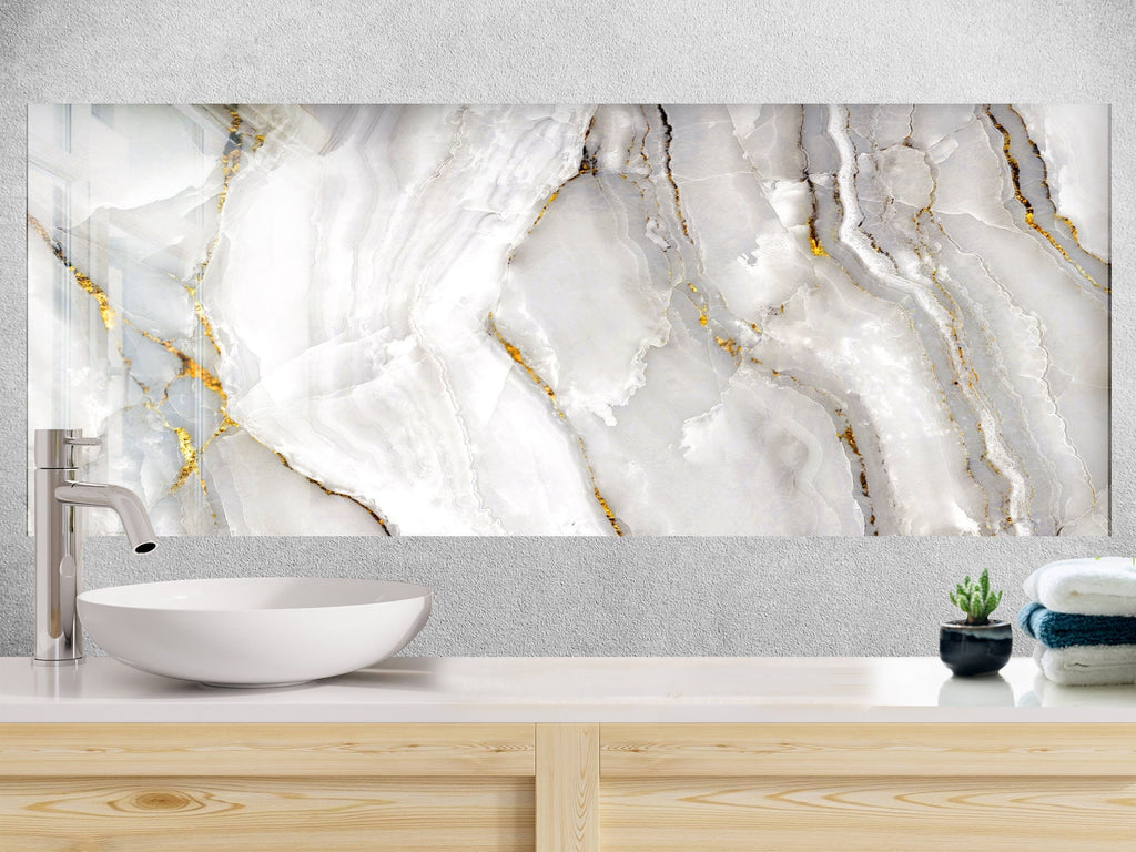 Elegant White Marble with Gold Veins - Glass Kitchen Backsplash-BacksplashArtworks