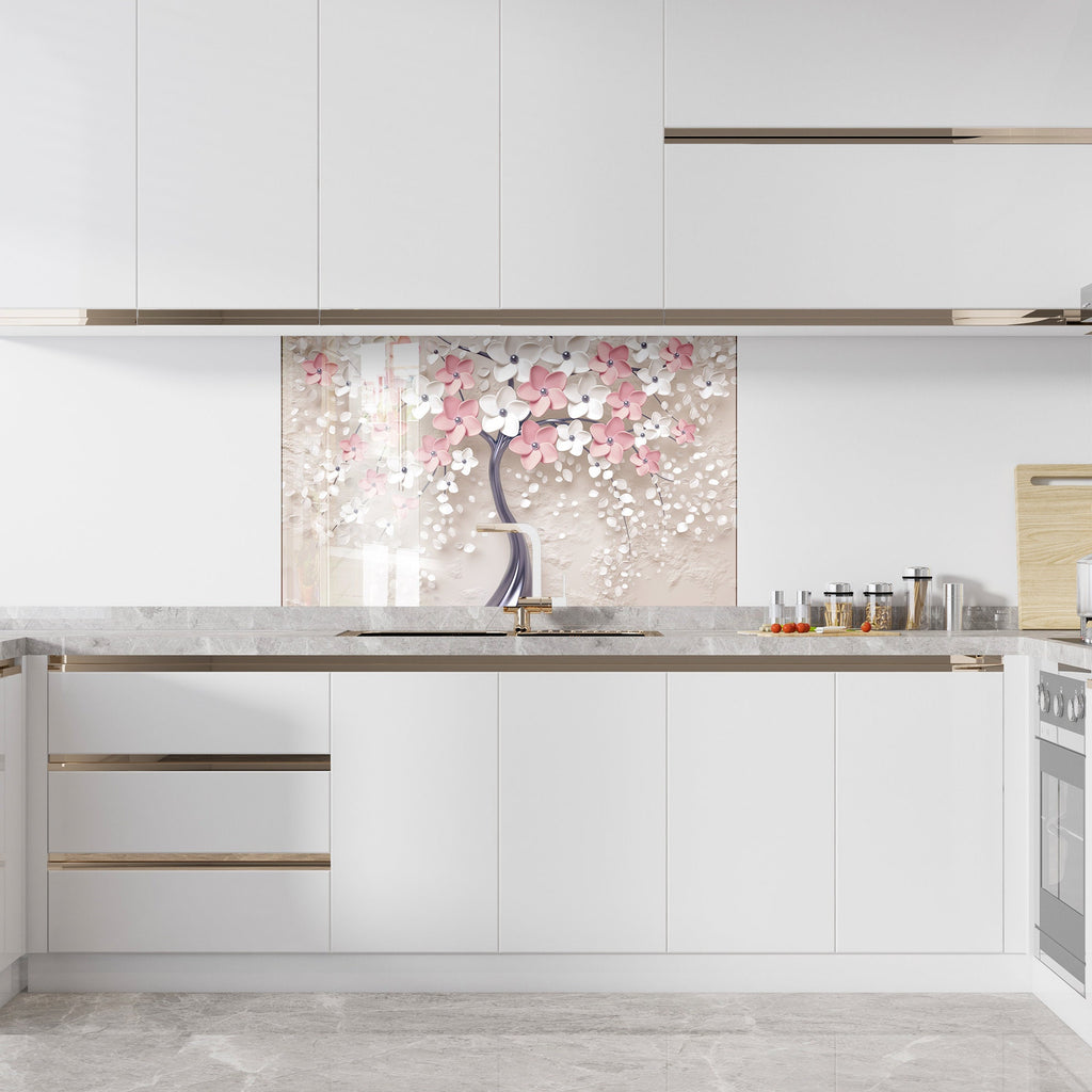 Pink Sakura Tree Tempered Glass Backsplash-BacksplashArtworks